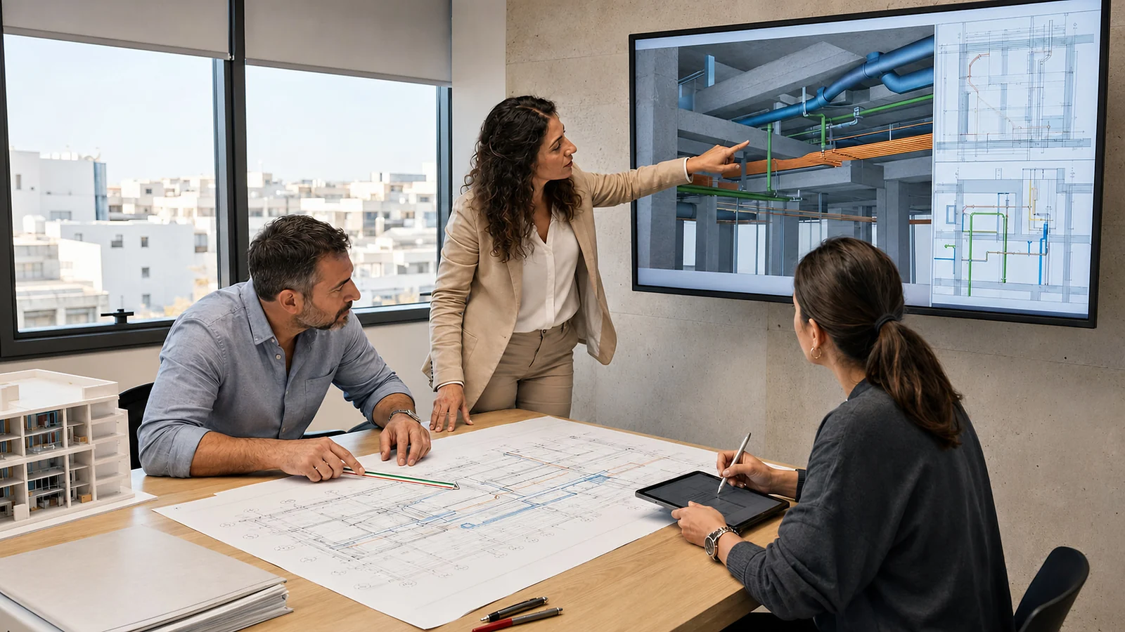 Engineers reviewing coordinated building-services models and construction drawings.