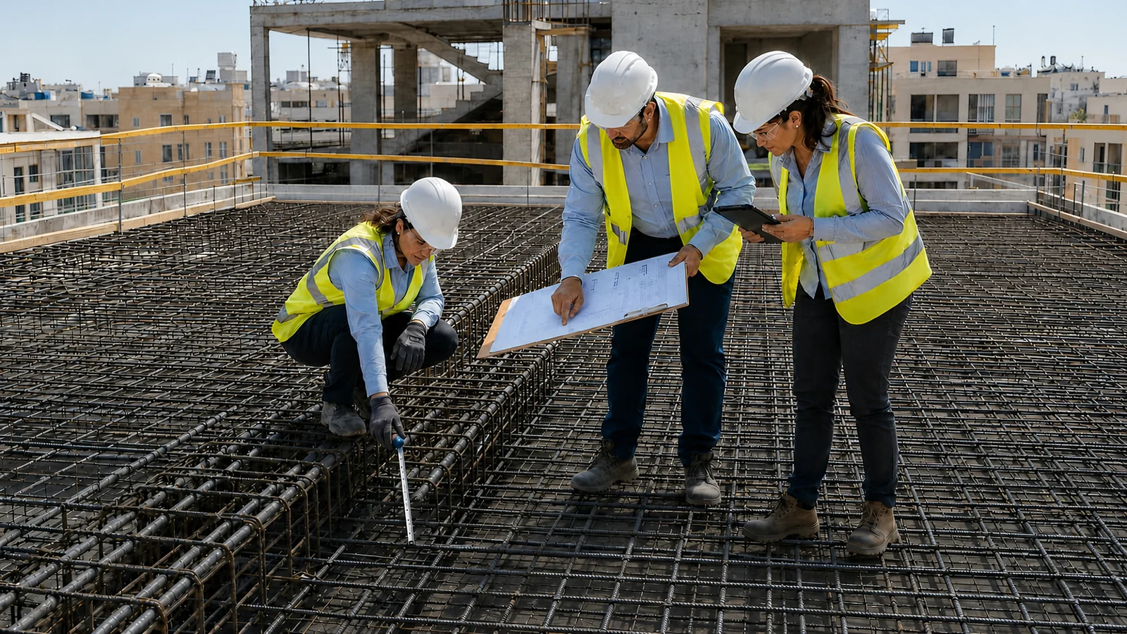 Civil engineers inspecting reinforced-concrete slab reinforcement against construction drawings.