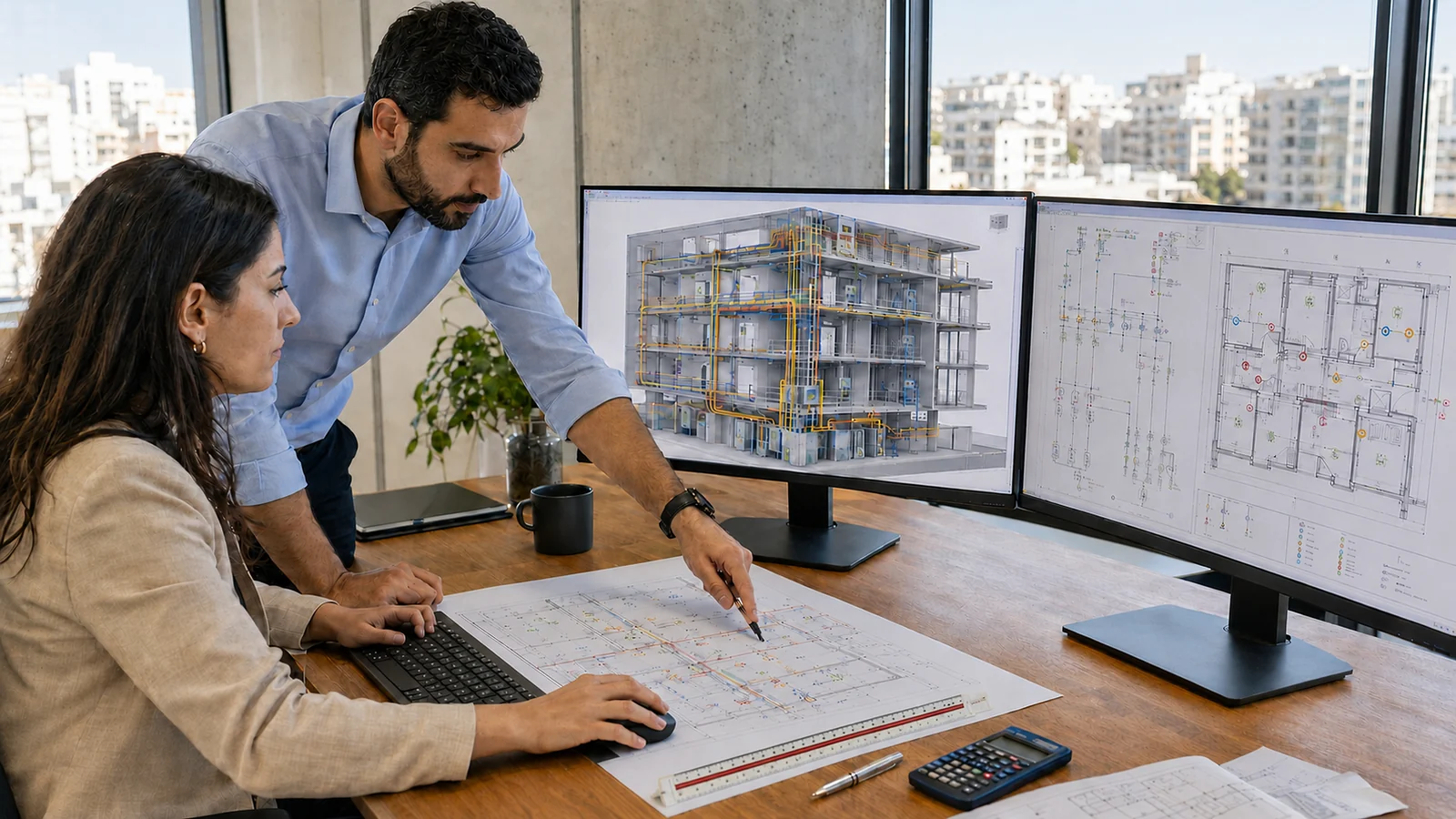 Electrical engineers coordinating distribution routes, schematics, and installation drawings for a building.
