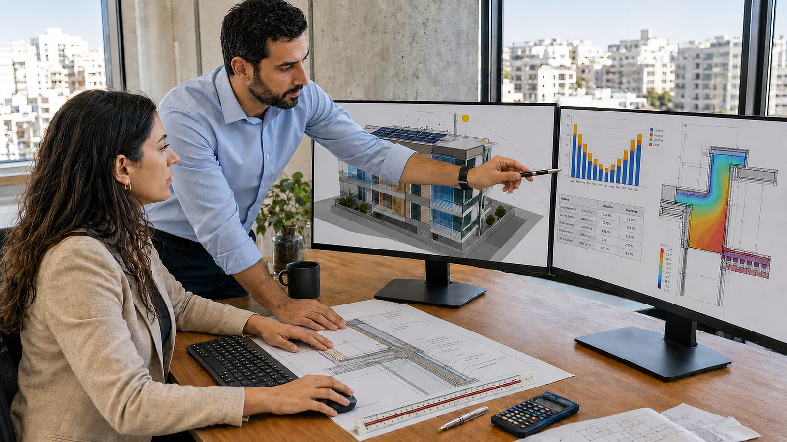 Engineers reviewing a building energy model, performance charts, and thermal analysis.