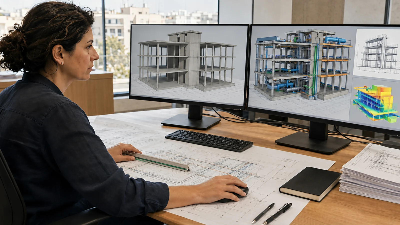 Mechanical engineer coordinating a building-services model with structural information and technical drawings.