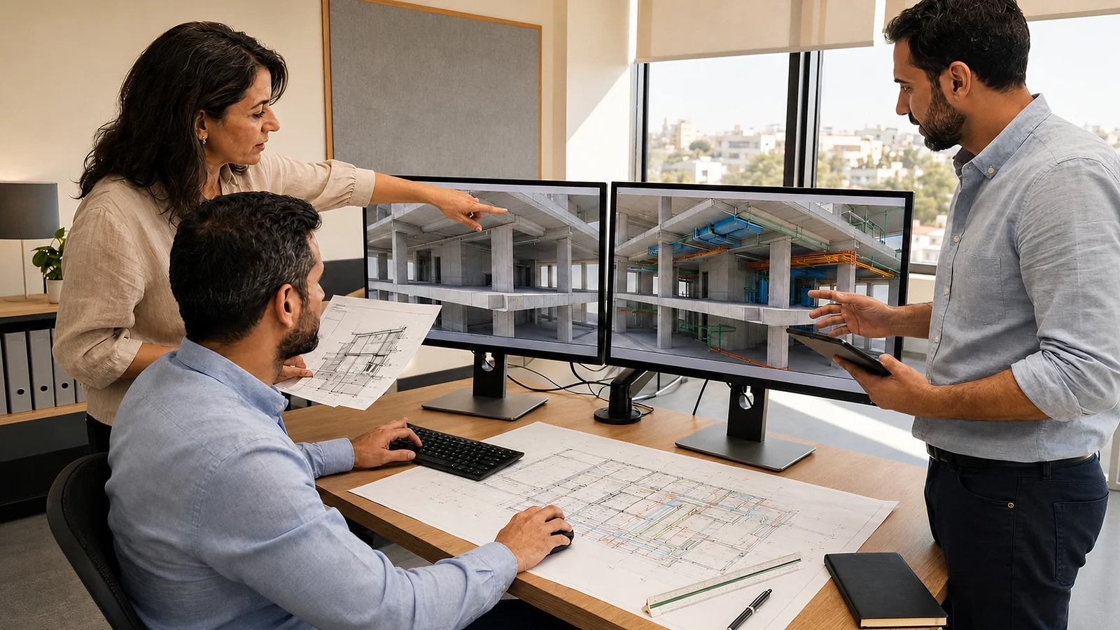 Engineers coordinating structural and building-services designs across digital models and construction drawings.
