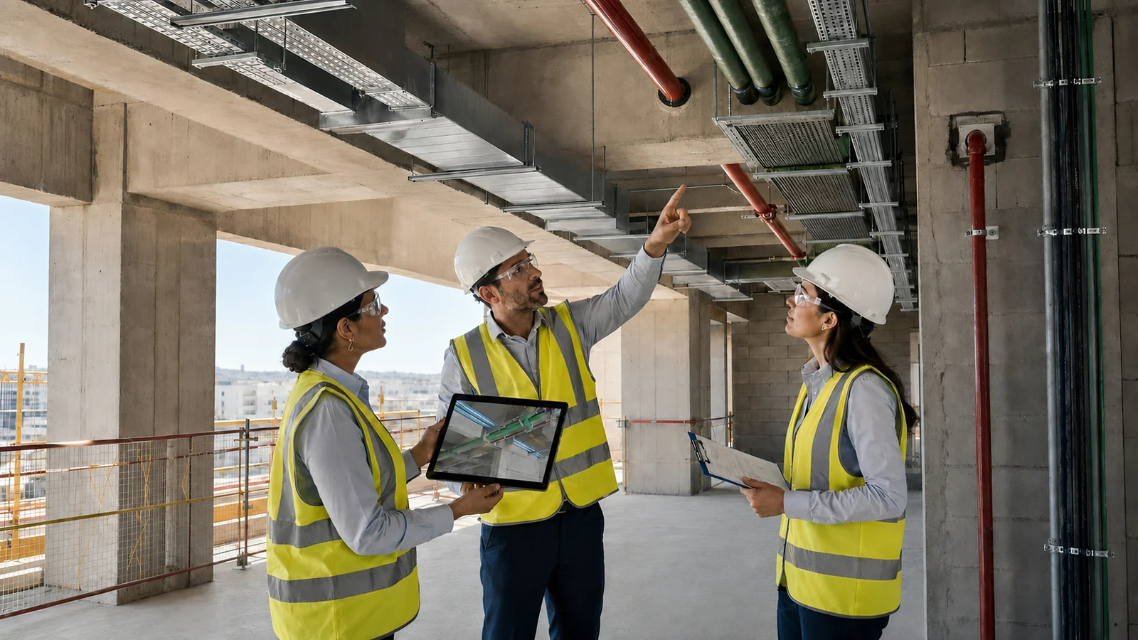 Engineers inspecting coordinated building-services installations within a concrete structure.